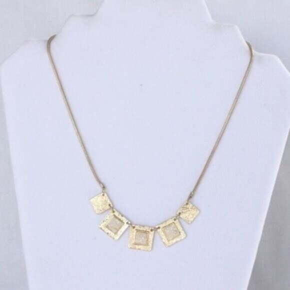Hammered Gold Necklace Squares raw stone inset New with Tags - Picture 1 of 15